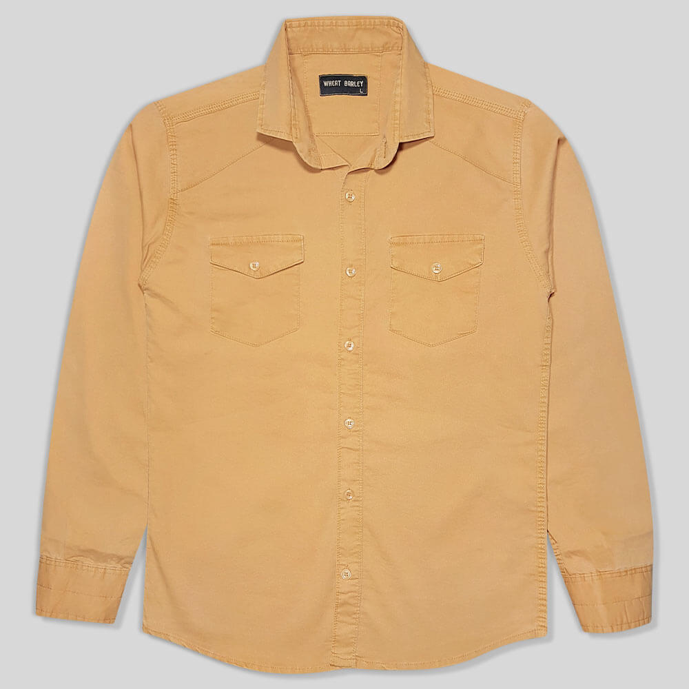 پیراهن کتان دو جیب مردانه زرد خردلی