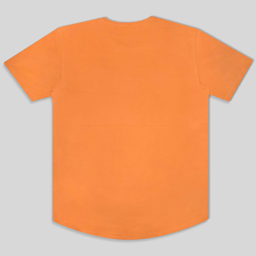 تیشرت نارنجی مردانه یقه گرد چاپ دار پشت