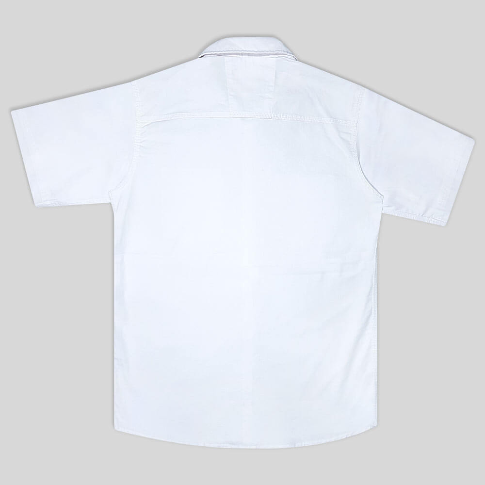 پیراهن کتان دو جیب آستین کوتاه سفید پشت