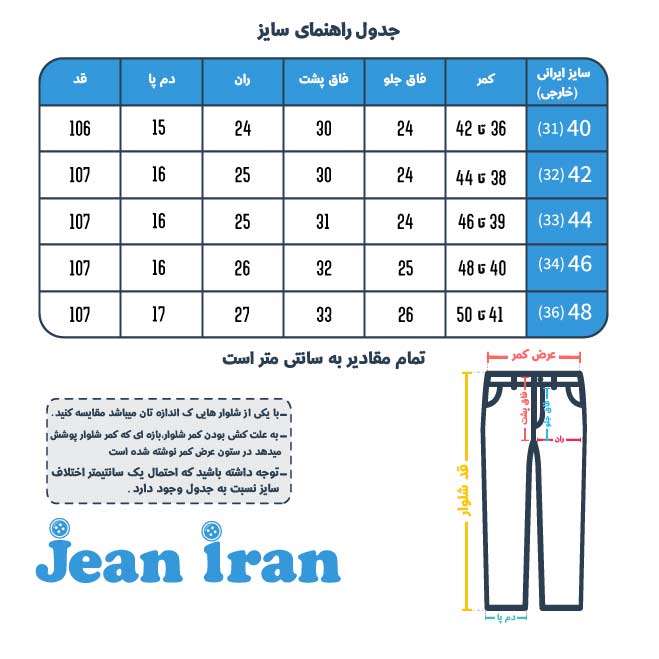 شلوار جین راسته کشی مردانه جدول سایز