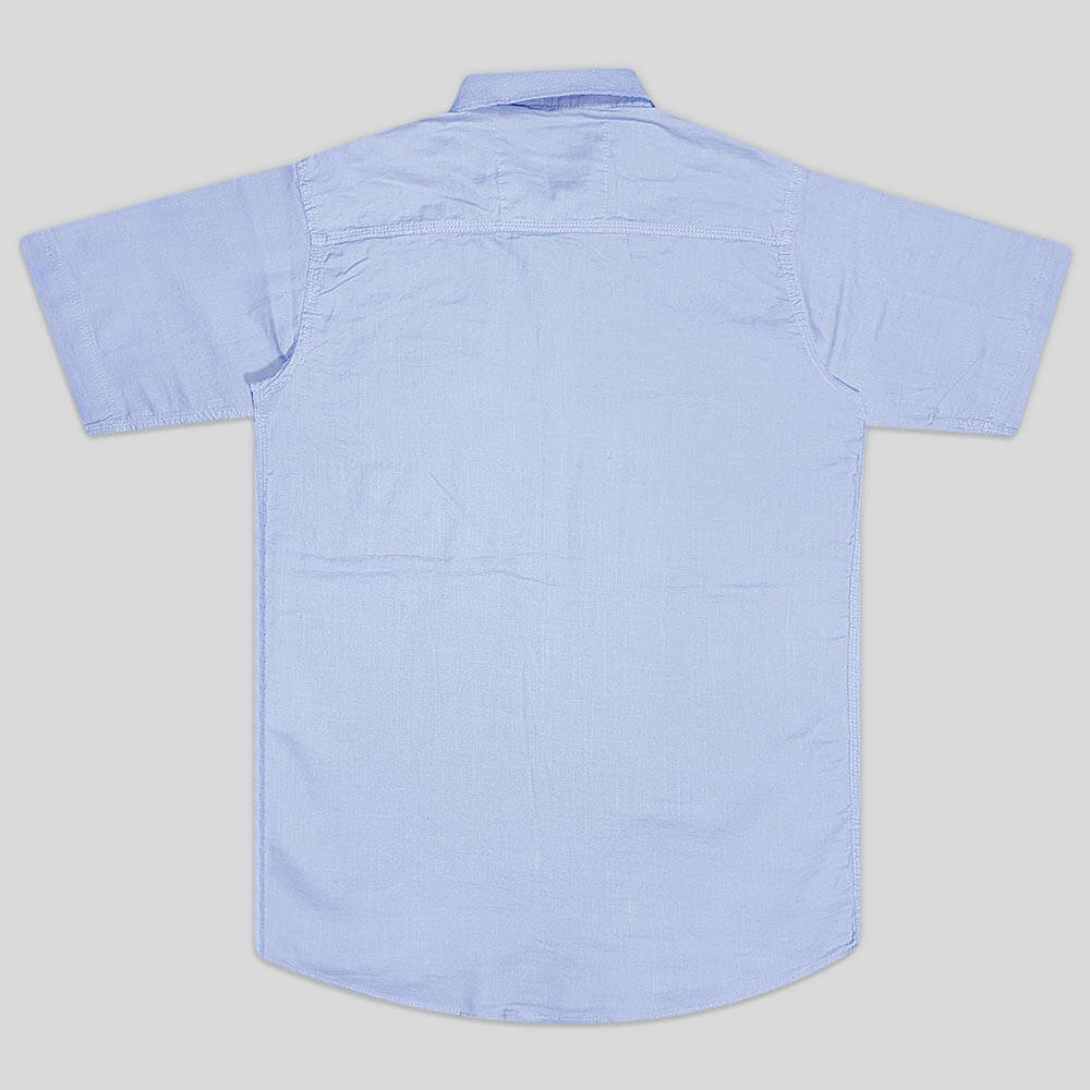 پیراهن کنفی تمام نخ تک جیب آستین بلند آبی روشن پشت