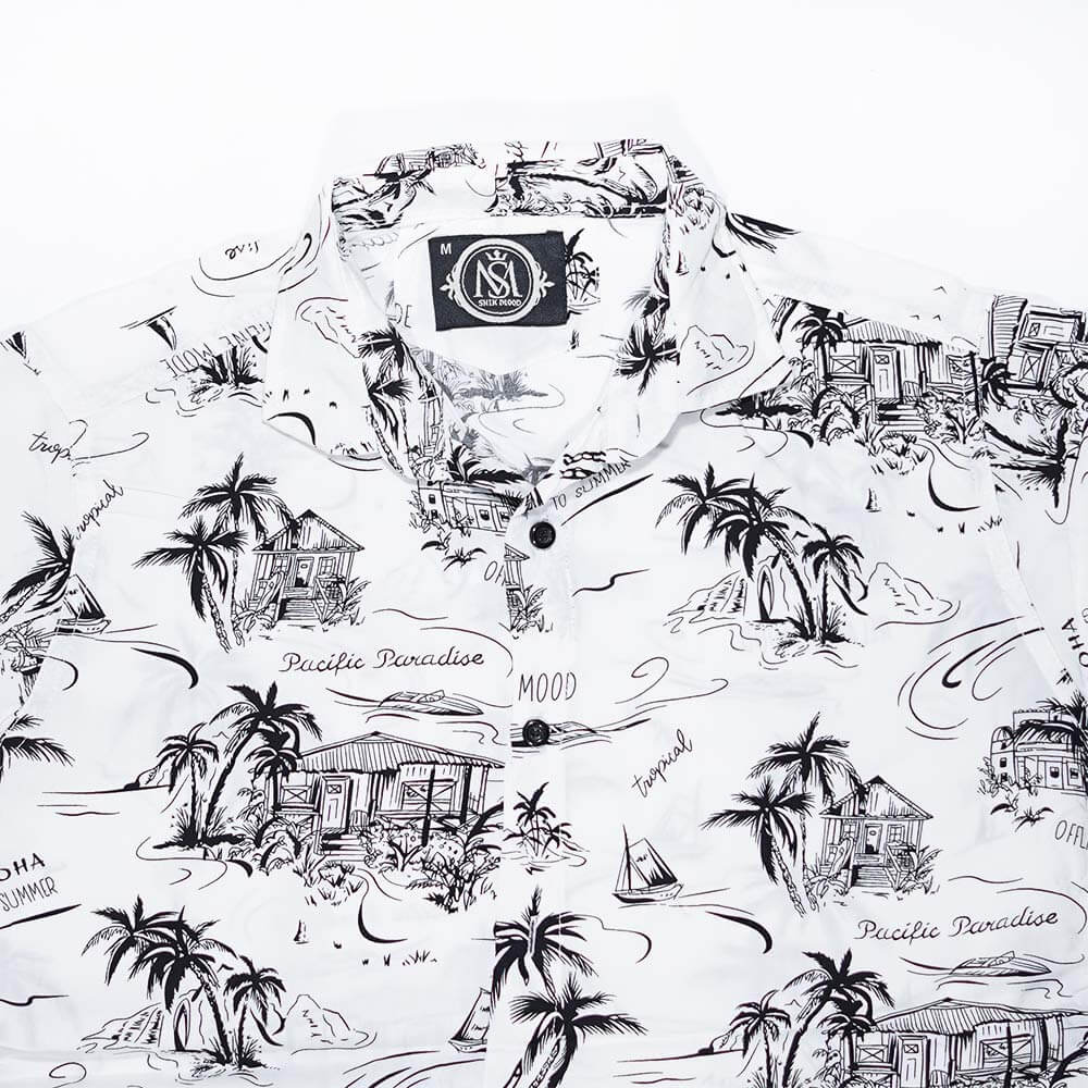 پیراهن هاوایی سفید طرح paradise یقه