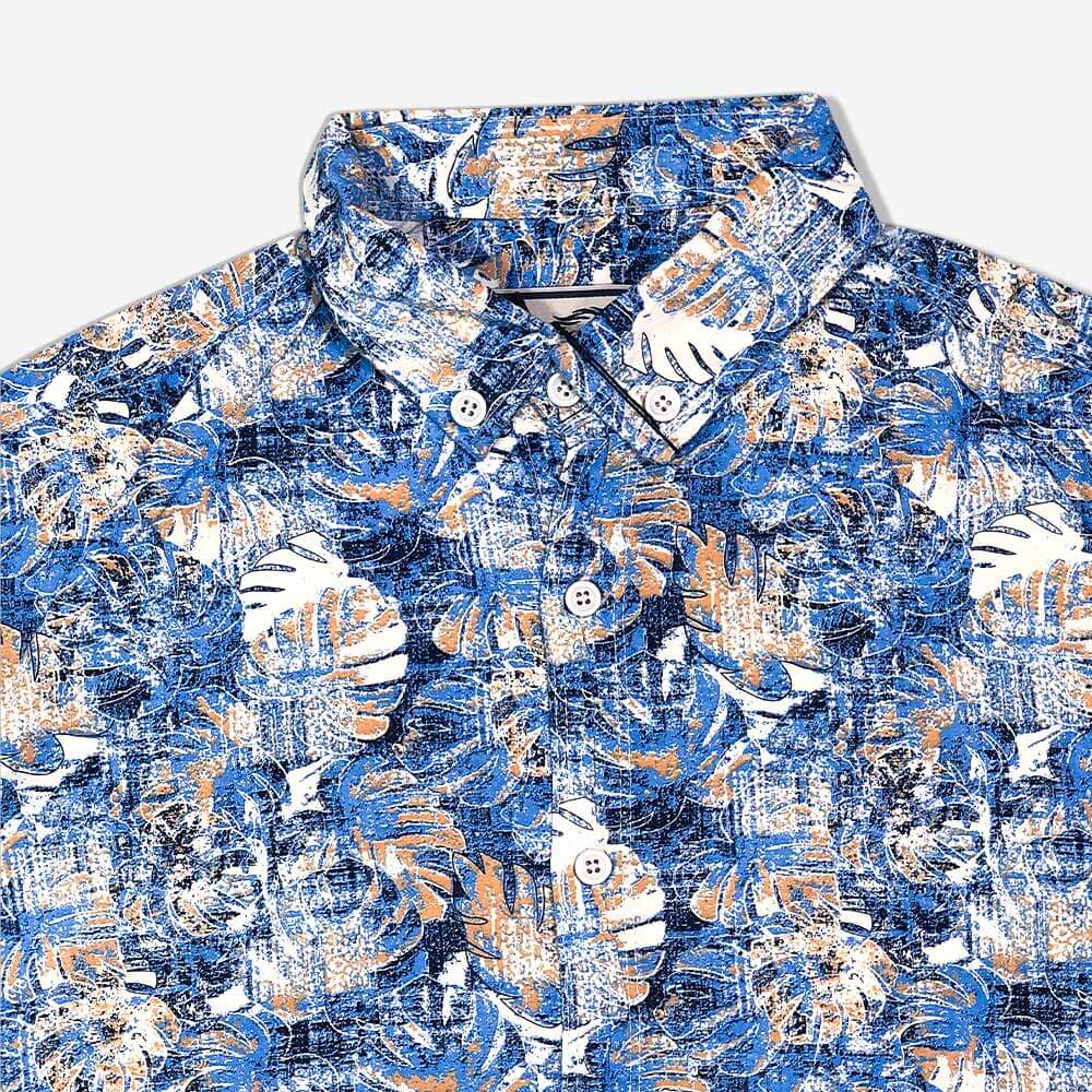 پیراهن هاوایی نخی آستین کوتاه آبی یقه