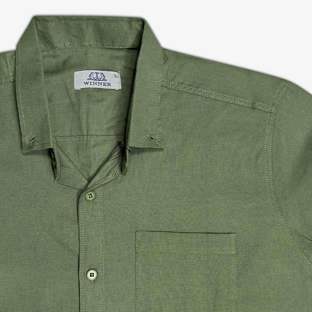 پیراهن نخی مردانه جیب دار سبز آستین بلند نمای نزدیک