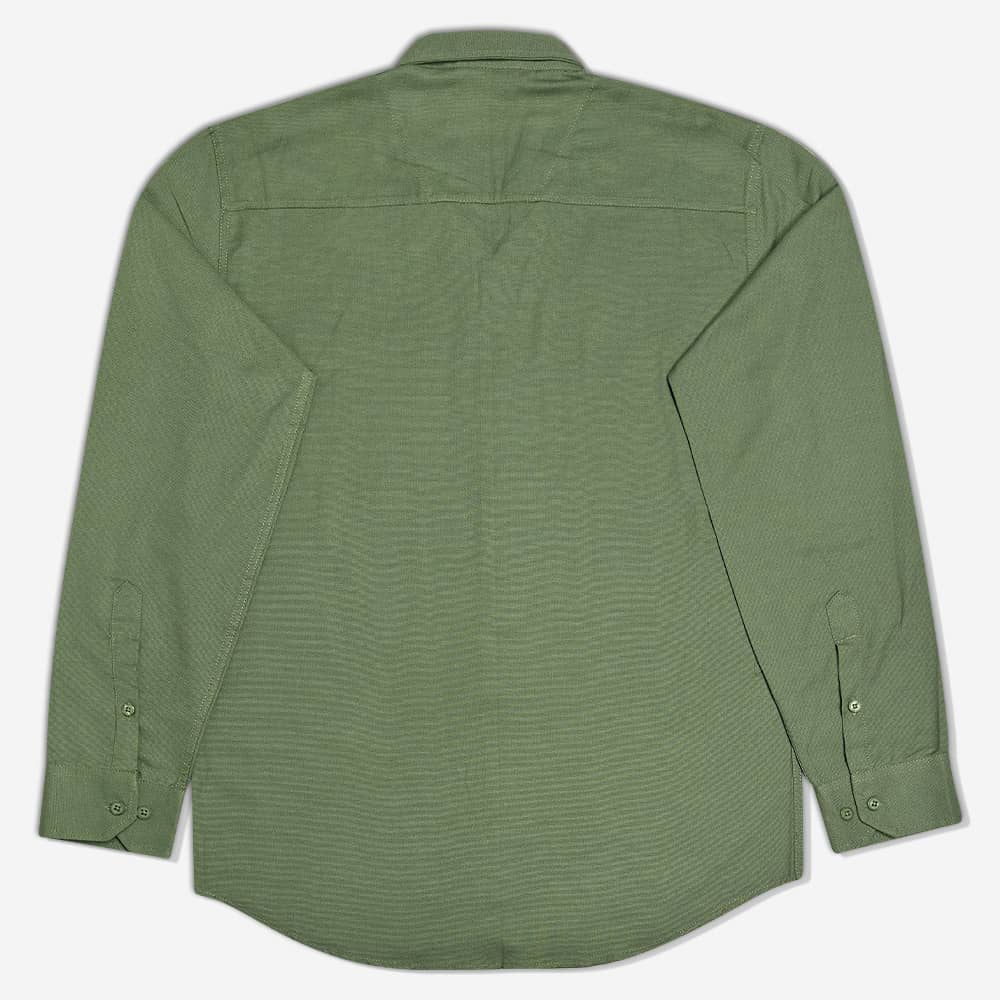 پیراهن نخی مردانه جیب دار سبز آستین بلند نمای پشت