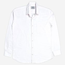 پیراهن نخی مردانه جیب دار سفید آستین بلند 124077-12