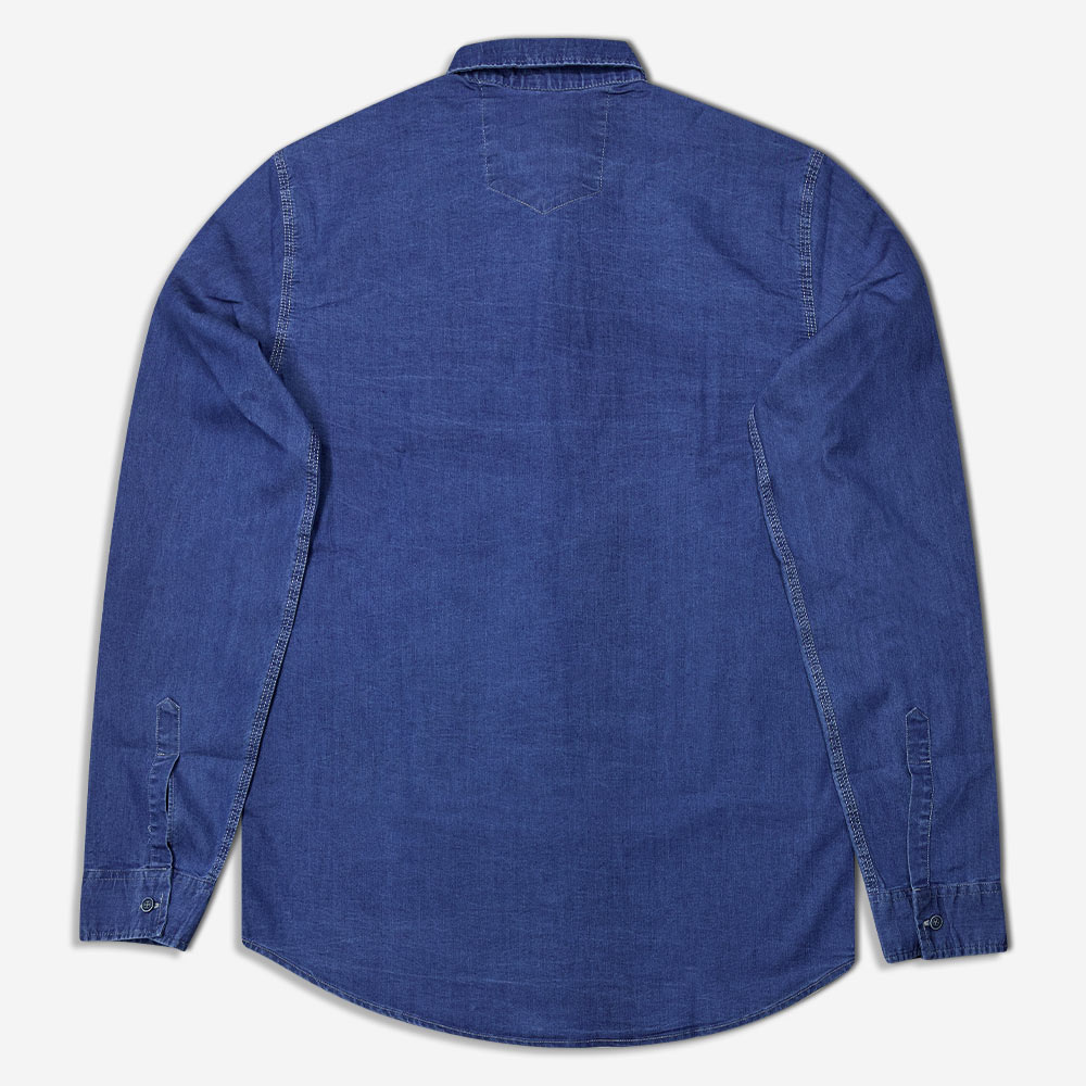 پیراهن جین دو جیب آستین بلند آبی نمای پشت