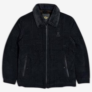 کاپشن پشمی یقه خزدار مردانه سرمه ای 120155-1 نمای روبه رو