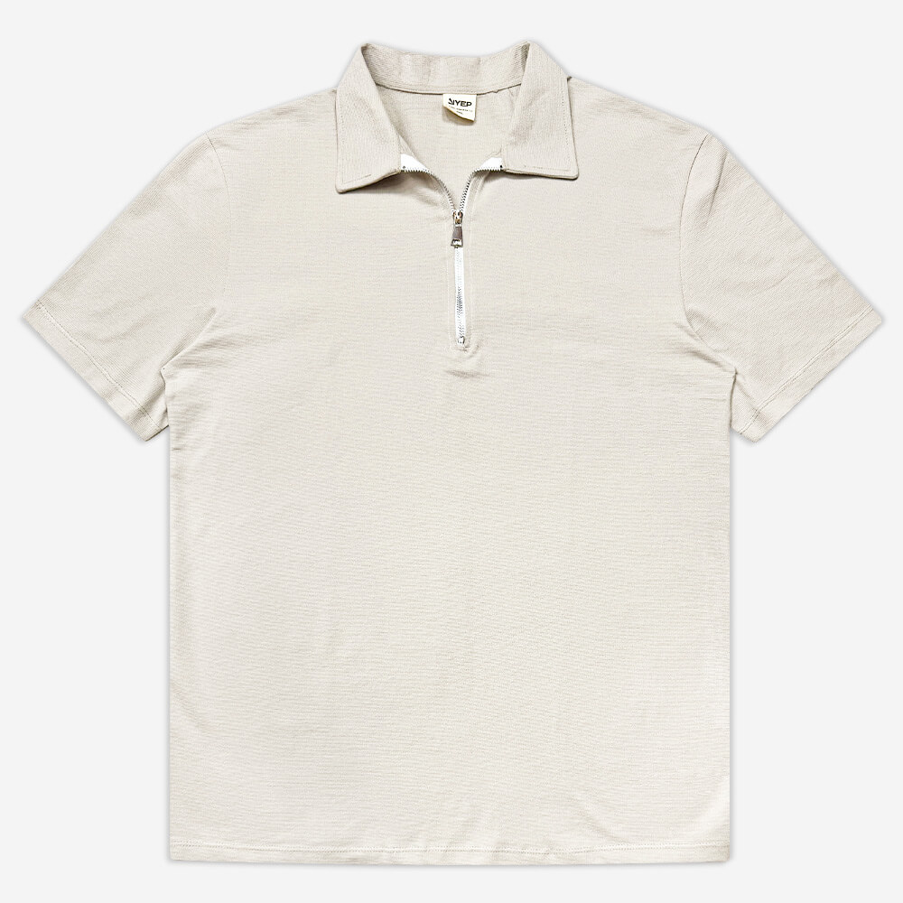 1220179-2-Polo shirt - half zip - men's - short sleeves - hemp - cream (1) پولوشرت نیم زیپ مردانه آستین کوتاه کنفی کرم 1220179-2 نمای جلو