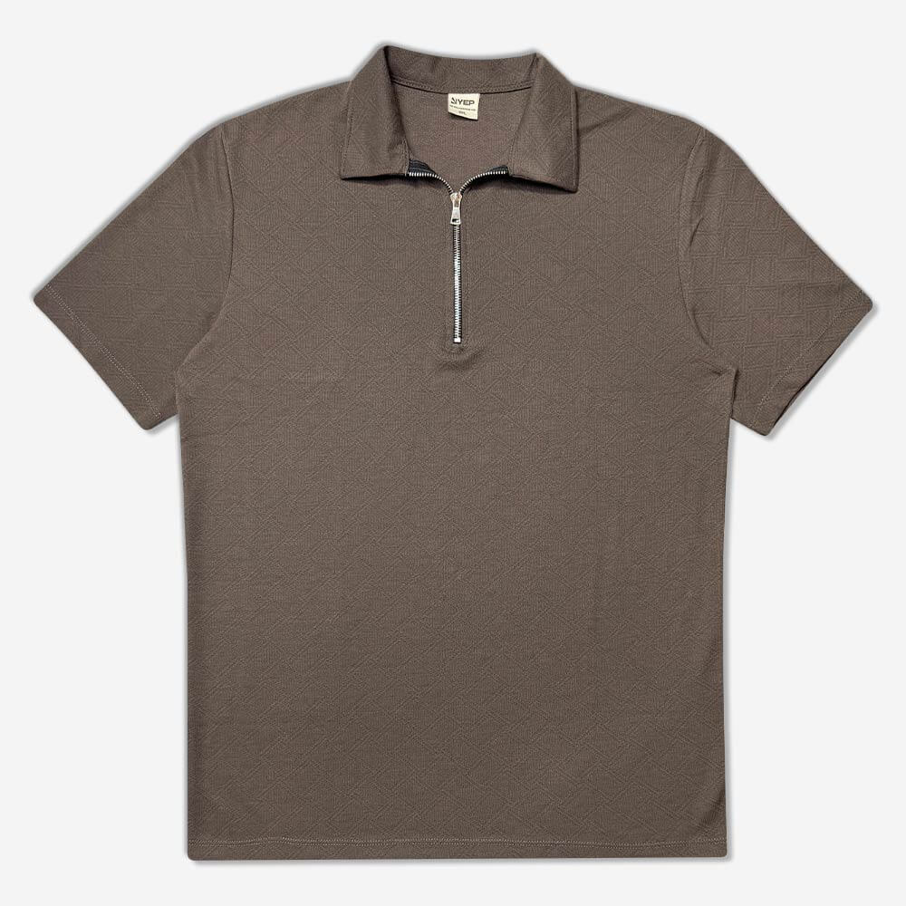 1220193-1-Collared T-shirt - Half Zip - Men's - Hemp - Loose - Brown (1) پولوشرت نیم زیپ مردانه قهوه ای 1220193-1 نمای روبه رو