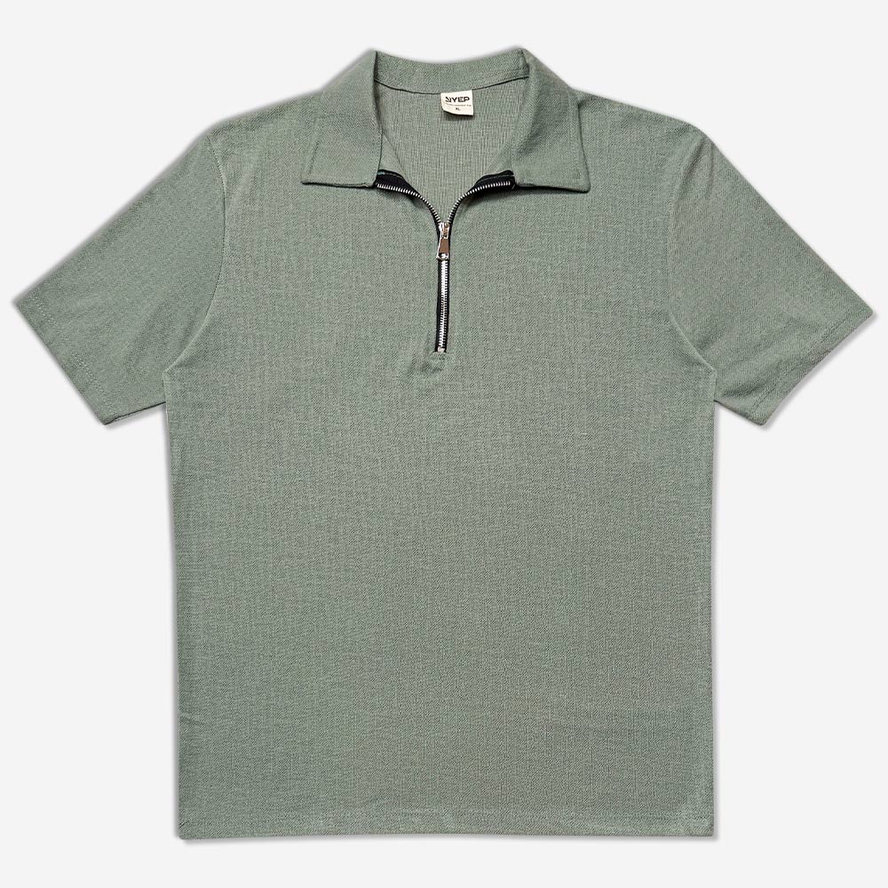 1220196-1-Collared-T-shirt-Half-Zip-Mens-Hemp-Loose-Green-1-1 پولوشرت نیم زیپ مردانه سبز 1220196-1 نمای روبه رو