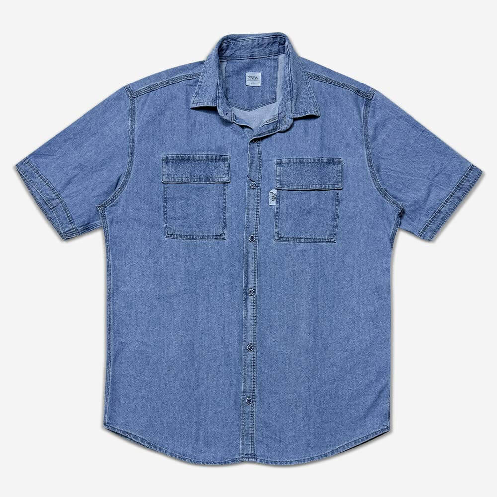 1240257-3-Shirt - Denim - Short Sleeve - Two Pockets - Dark Blue (1) پیراهن لی جین آستین کوتاه دو جیب آبی تیره 1240257-3 نمای جلو