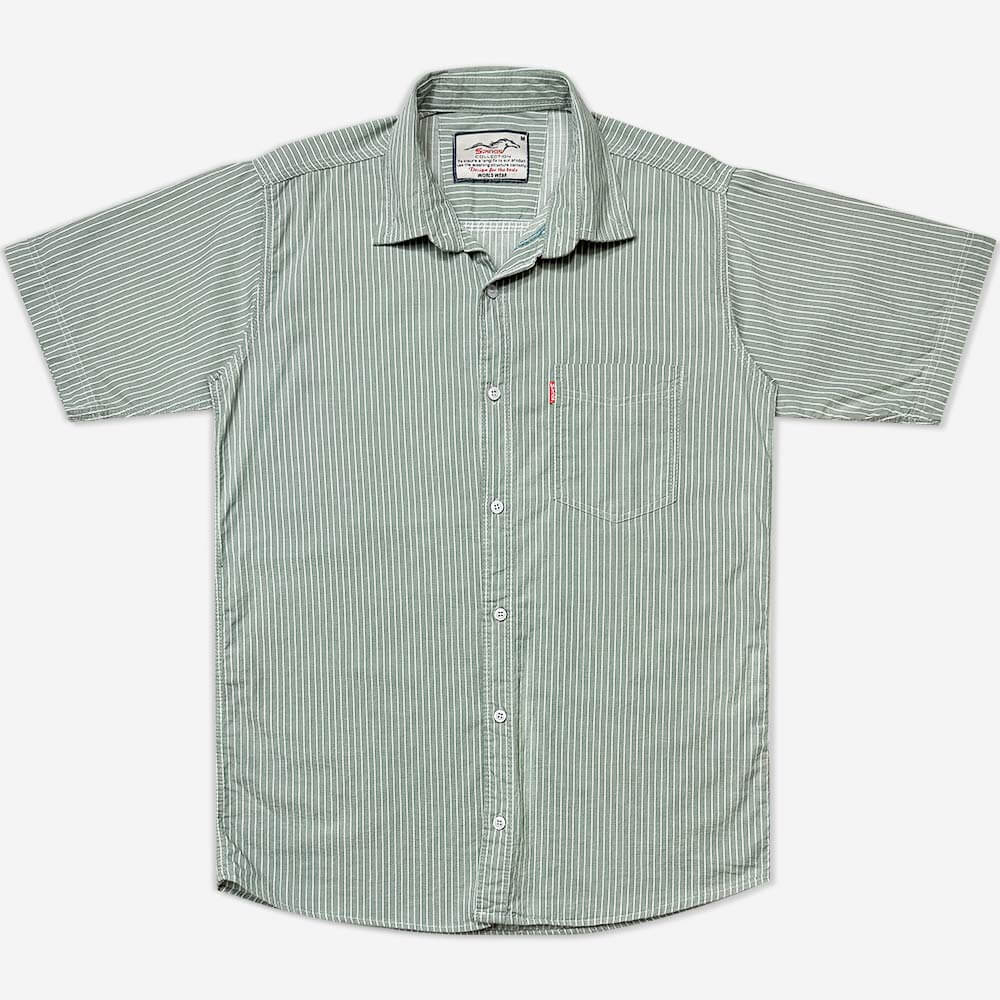 1240260-4-Shirt - Cotton - Short Sleeve - Striped - Men's - Single Pocket - Cedar (1) پیراهن نخی راه راه آستین کوتاه سدری 1240260-3 نمای روبه رو