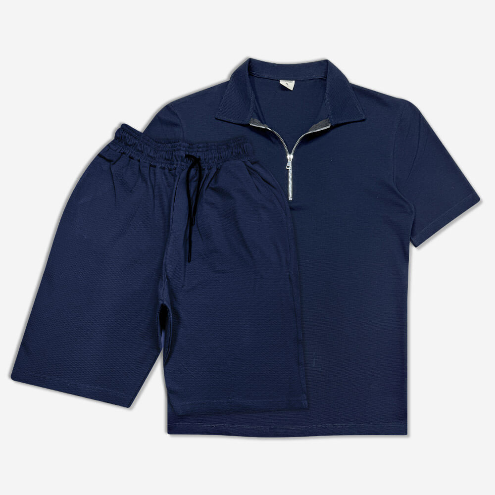 130091-2-Set - Crew Neck T-Shirt - Half Zip - Shorts - Men's - Hemp - Dark Blue (4) ست تیشرت یقه دار نیم زیپ و شلوارک جنس کنفی سرمه ای 130091-2 نمای تیشرت نیم زیپ و شلوارک