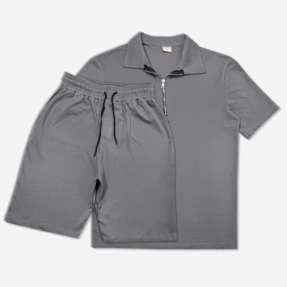 130091-4-Set - Poloshirt - Half Zip - Shorts - Men's - Hemp - Gray (4) ست تیشرت یقه دار نیم زیپ و شلوارک جنس کنفی طوسی 130091-4 نمای تیشرت نیم زیپ و شلوارک
