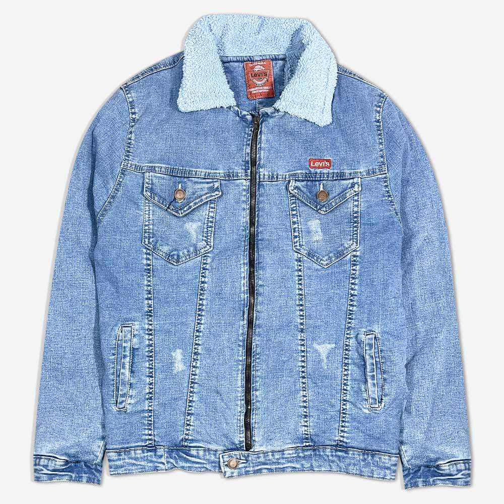 light-blue-mens-furry-denim-jacket-118021-1 کاپشن لی خزدار آبی روشن زیپ دار