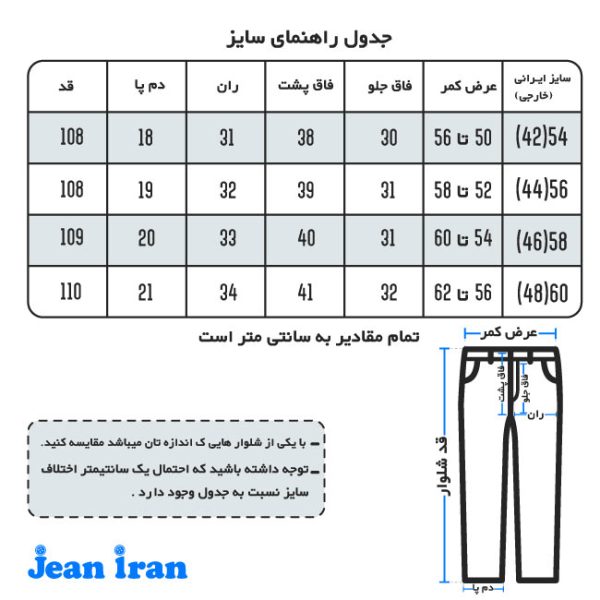 جدول راهنمای سایز شلوار جین سایز بزرگ کلاسیک آبی دریایی