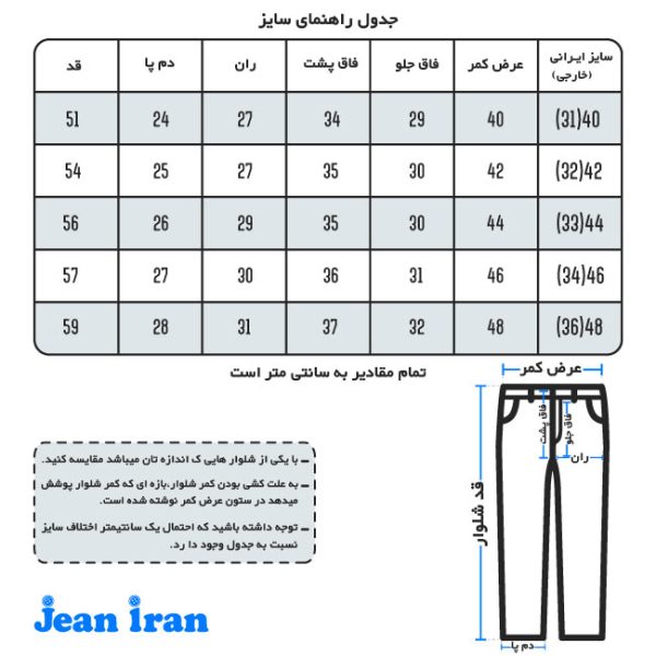 جدول راهنمای سایز شلوارک کتان