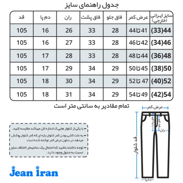 راهنمای جدول سایز شلوار لی کلاسیک جیب کراس فیلی