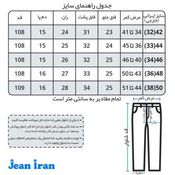 راهنمای جدول سایز شلوار جین مردانه جیب کراس سرمه ای تیره