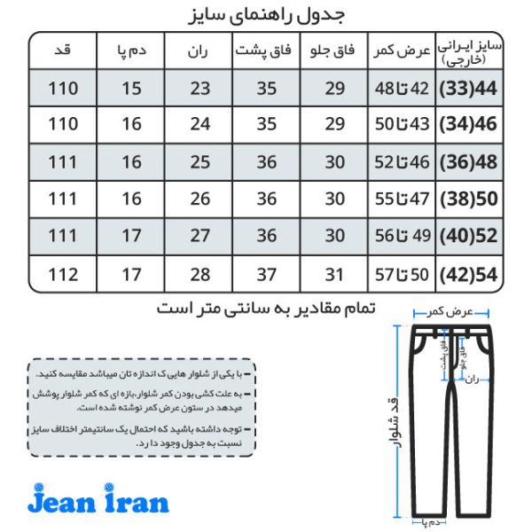جدول راهنمای سایز شلوار جین راسته آبی سیر