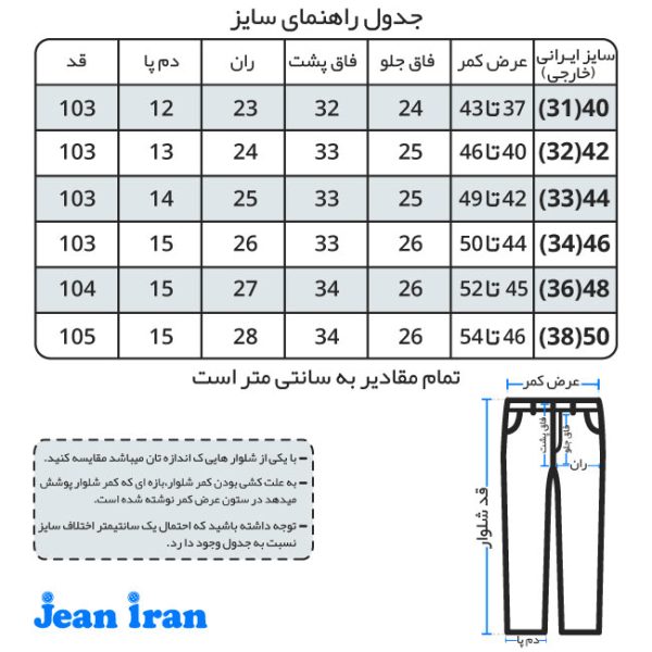راهنمای جدول سایز شلوار جین فیت مردانه آبی روشن