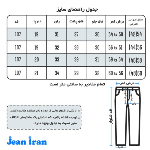 جدول راهنمای سایز شلوار جین سایز بزرگ کلاسیک فیلی