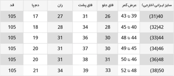 جدول راهنمای سایز شلوار جین کلاسیک قد 105 رنگ طوسی نقره ای 1110193-4