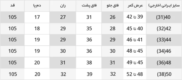 جدول راهنمای سایز شلوار جین کلاسیک قد 105 رنگ طوسی سربی 1110193-3