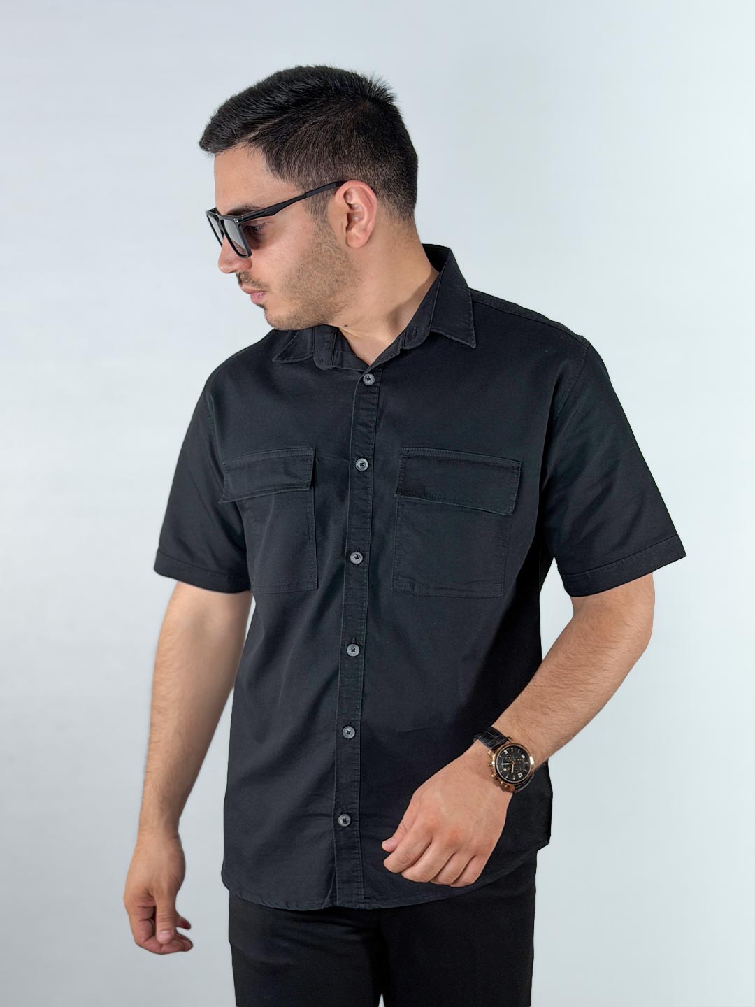 Men’s-Black-Cotton-Short-Sleeve-Casual-Shirt-1240345-3 پیراهن کتان آستین کوتاه رنگ مشکی 1240345-3 نمای جلو
