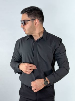پیراهن دوشین دکمه مخفی بلند رنگ مشکی 1240362-8 نمای جلو سوم