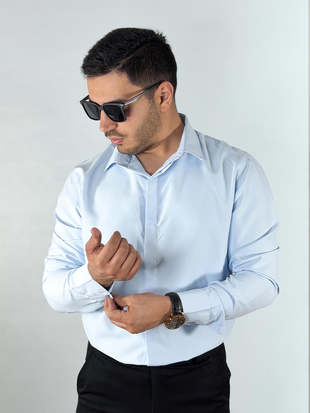 Men’s-Blue-Longline-Concealed-Button-Down-Shirt-1240362-3 پیراهن دوشین دکمه مخفی بلند رنگ آبی 1240362-1 نمای جلو