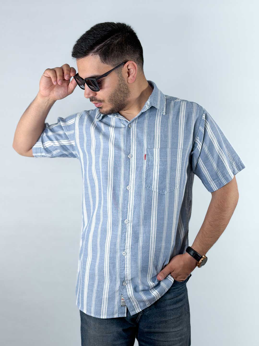 Men’s-Blue-Striped-Linen-Shirt-1240359-2 پیراهن کنفی خطی آستین کوتاه رنگ آبی 1240359-1 نمای جلو دوم