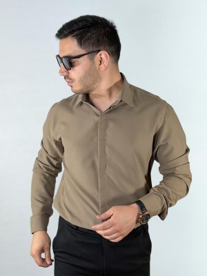 پیراهن دوشین دکمه مخفی بلند رنگ قهوه ای 1240362-6 نمای جلو
