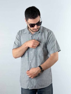 پیراهن نخی راه راه آستین کوتاه رنگ دودی 1240358-6 نمای جلو دوم