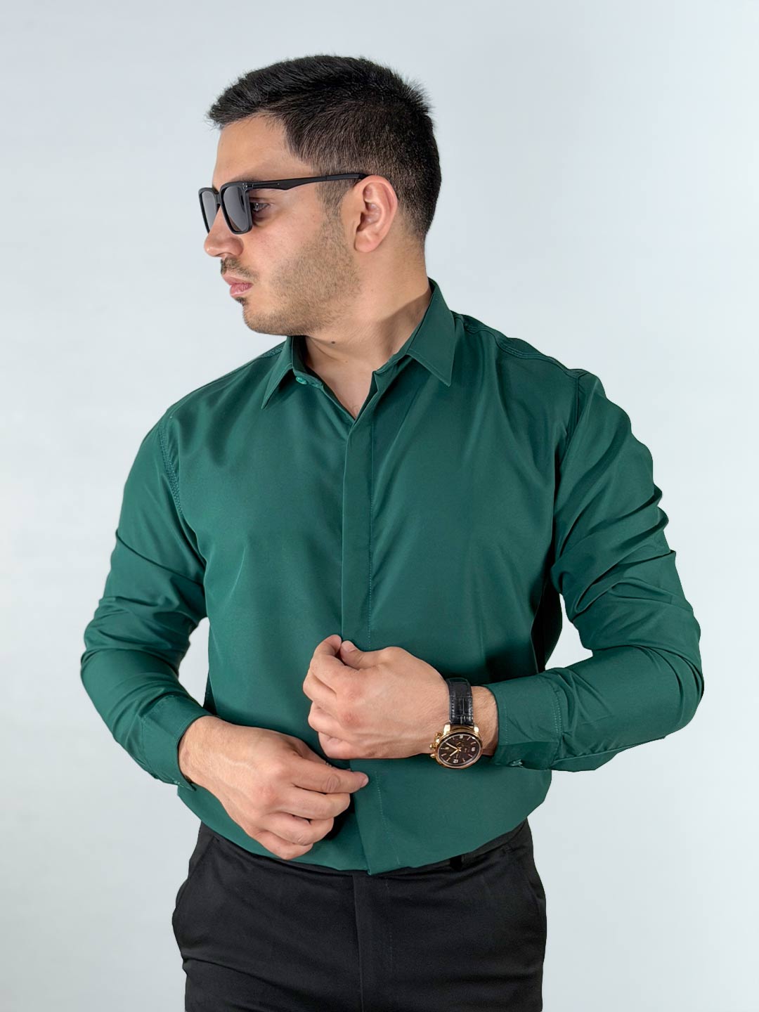 Men’s-Green-Longline-Concealed-Button-Down-Shirt-1240362-4 پیراهن دوشین دکمه مخفی بلند رنگ سبز 1240362-2 نمای جلو دوم