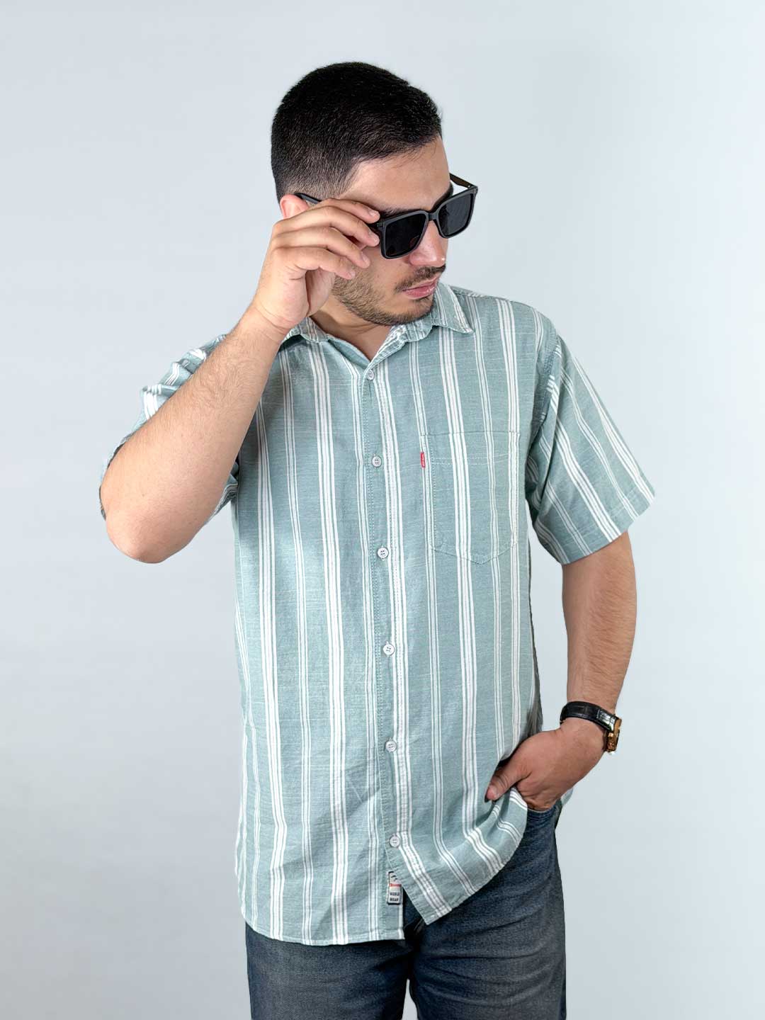 Men’s-Green-Striped-Linen-Shirt-1240359-1 پیراهن کنفی خطی آستین کوتاه رنگ سبز 1240359-2 نمای جلو