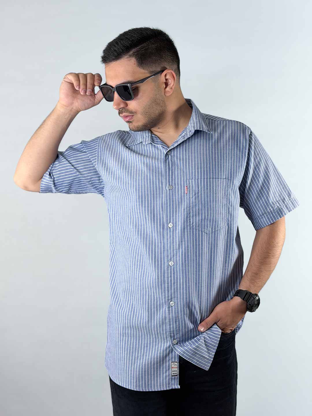 Striped-Cotton-Short-Sleeve-Shirt-–-Blue-1240353-1 پیراهن نخی راه راه آستین کوتاه رنگ آبی 1240353-1 نمای جلو