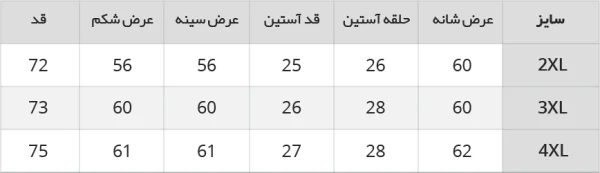 جدول راهنمای سایز تیشرت باکسی دورس دو نخ طرح گلدوزی 1220237