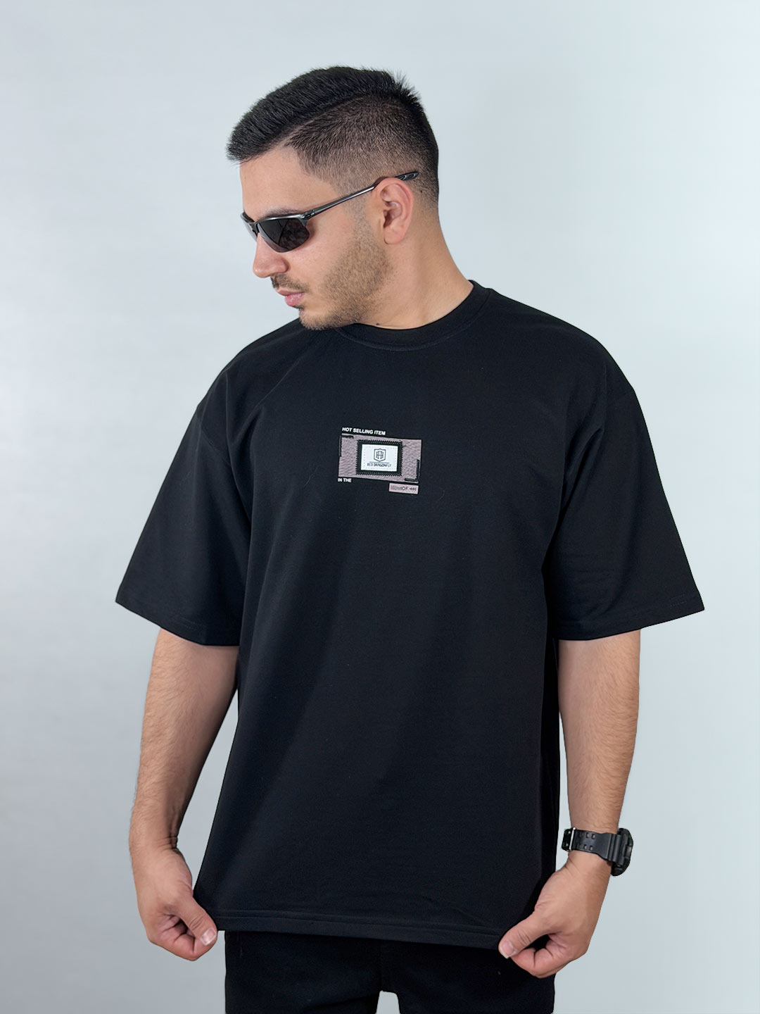 Men’s-Black-Boxy-Heavyweight-Cotton-T-Shirt-with-Embroidery-1220237-3 تیشرت باکسی دورس دو نخ طرح گلدوزی رنگ مشکی 1220237-5 نمای جلو