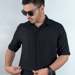 پیراهن آستین کوتاه لایوسل ریزشی رنگ مشکی 1240375-5 نمای جلو