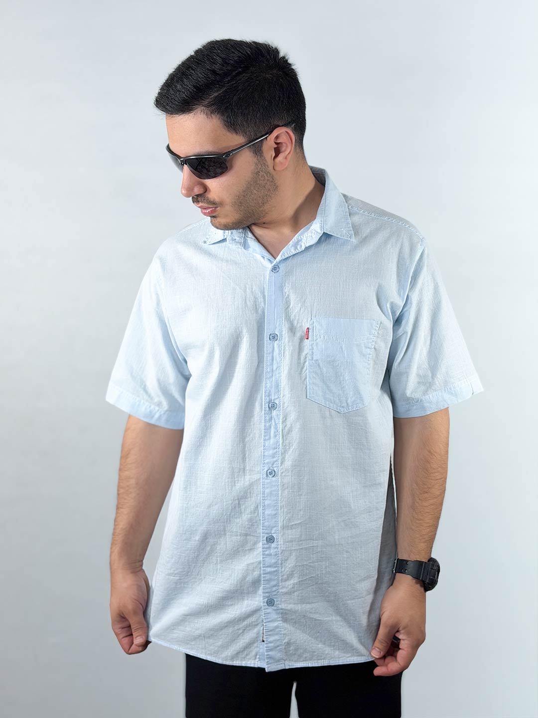 Men’s-Blue-Short-Sleeve-Linen-Shirt-–-Casual-Breathable-Fit-1240343-1 پیراهن لینن آستین کوتاه رنگ آبی 1240364-1 نمای جلو