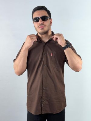 پیراهن لینن آستین کوتاه رنگ شکلاتی 1240364-7 نمای جلو دوم