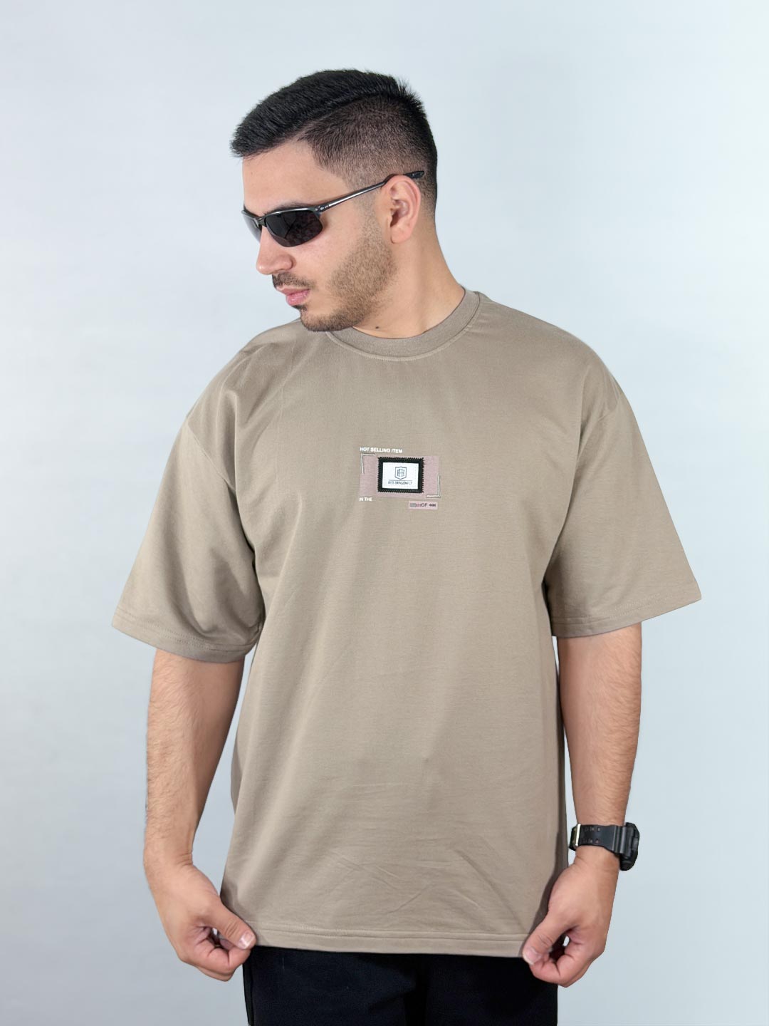 Men’s-Cream-Boxy-Heavyweight-Cotton-T-Shirt-with-Embroidery-1220237-3 تیشرت باکسی دورس دو نخ طرح گلدوزی رنگ کرم 1220237-3 نمای جلو