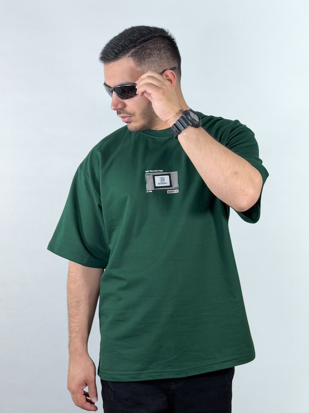 Men’s-Teal-Boxy-Heavyweight-Cotton-T-Shirt-with-Embroidery-1220237-3 تیشرت باکسی دورس دو نخ طرح گلدوزی رنگ کله غازی 1220237-4 نمای جلو