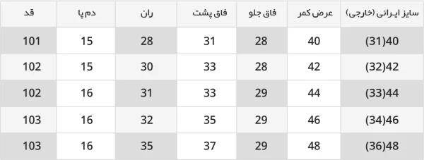 جدول راهنمای سایز شلوار مام فیت پارچه ای112078