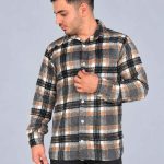 پیراهن پشمی مردانه چهارخانه طوسی مشکی قهوه ای ضخیم مناسب پاییز و زمستان