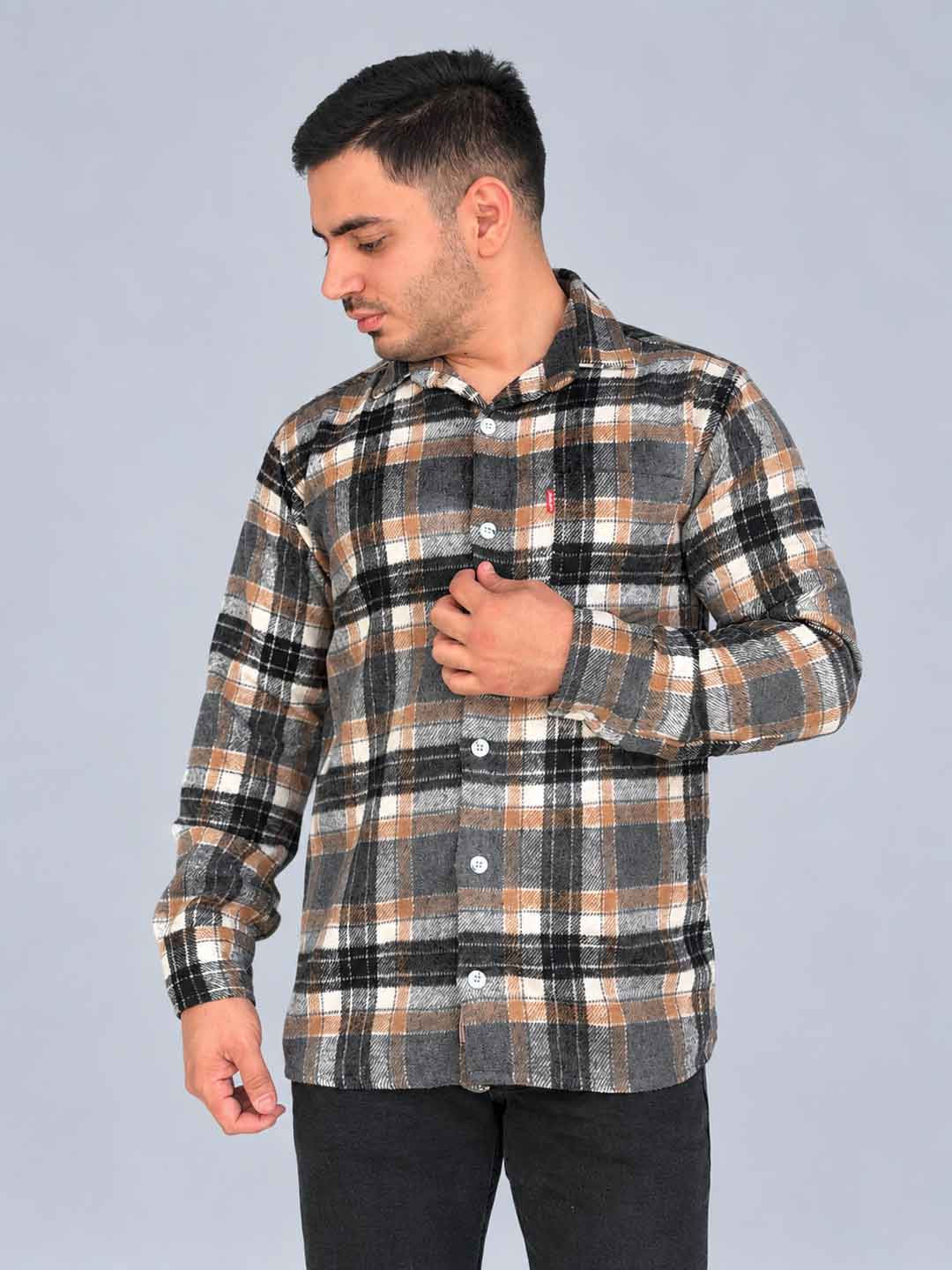 mens-gray-black-brown-wool-plaid-shirt.jpg پیراهن پشمی مردانه چهارخانه طوسی مشکی قهوه ای ضخیم مناسب پاییز و زمستان