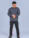 نمای کامل بلوز بافت سلانیک مردانه طوسی آبی با پارچه ساده و کشبافت پایین لباس