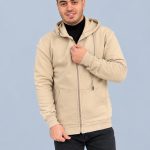 سوییشرت کلاهدار مردانه کرم زیپ‌دار با پارچه دورس سه نخ پشت حوله‌ای